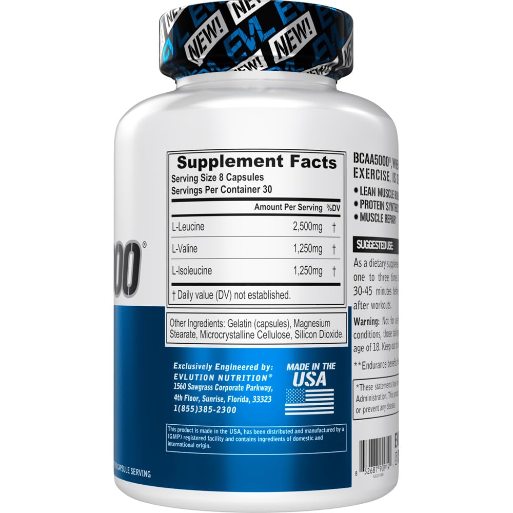 BCAAs Amino Acids Supplement for Men - EVL 2:1:1 5g BCAA Capsules for Post Workout Recovery and Lean Muscle Builder for Men - BCAA5000 Branched Chain Amino Acids Nutritional Supplement - 30 Servings