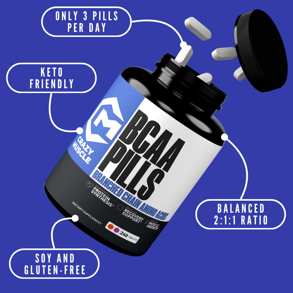 Crazy Muscle 3000mg BCAA Pills (2 Month Supply) with The Optimum 2:1:1 Ratio of Branched Chain Amino Acids for Recovery and Growth - 1000mg BCAAs per Pill (More Than BCAA Capsules) - 240 Tablets