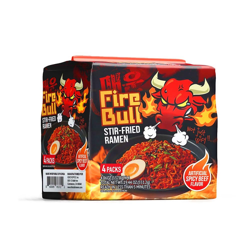 Fire Bull Ramen Intense Spicy StirFried Ramen  Authentic Korean Heat Meets Flavorful Delight  Thick Chewy Noodles  Quick  Easy Meal 4 Pouches