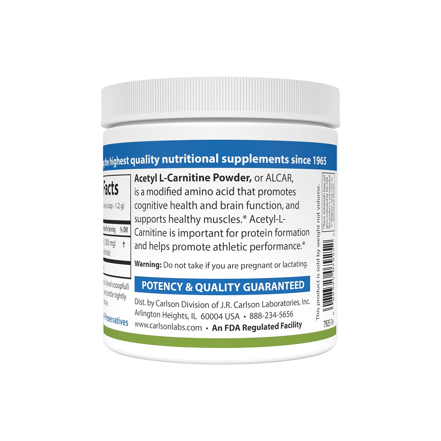 Carlson - Acetyl L-Carnitine Powder, Free-Form Amino Acid, Cognitive Health, Brain Function & Muscle Support, 3.53 oz (100 g)