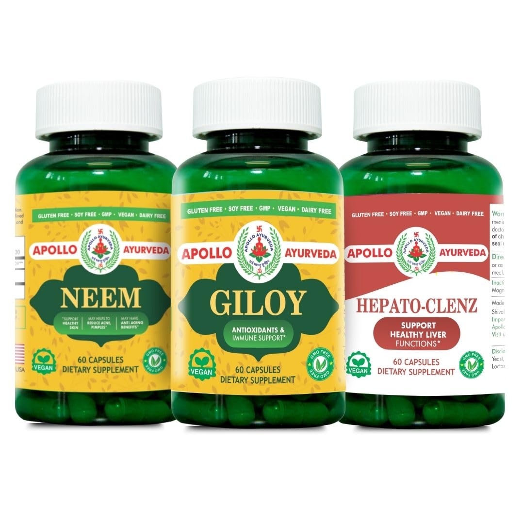 Organic Neem, Giloy(Guduchi), Mix of Turmeric(Curcumin) and Black Pepper Capsule Bundle - 180 Capsule - Natural Liver Cleanse, Detox, Immunity and Skin Support | Herbal Supplement Bundle