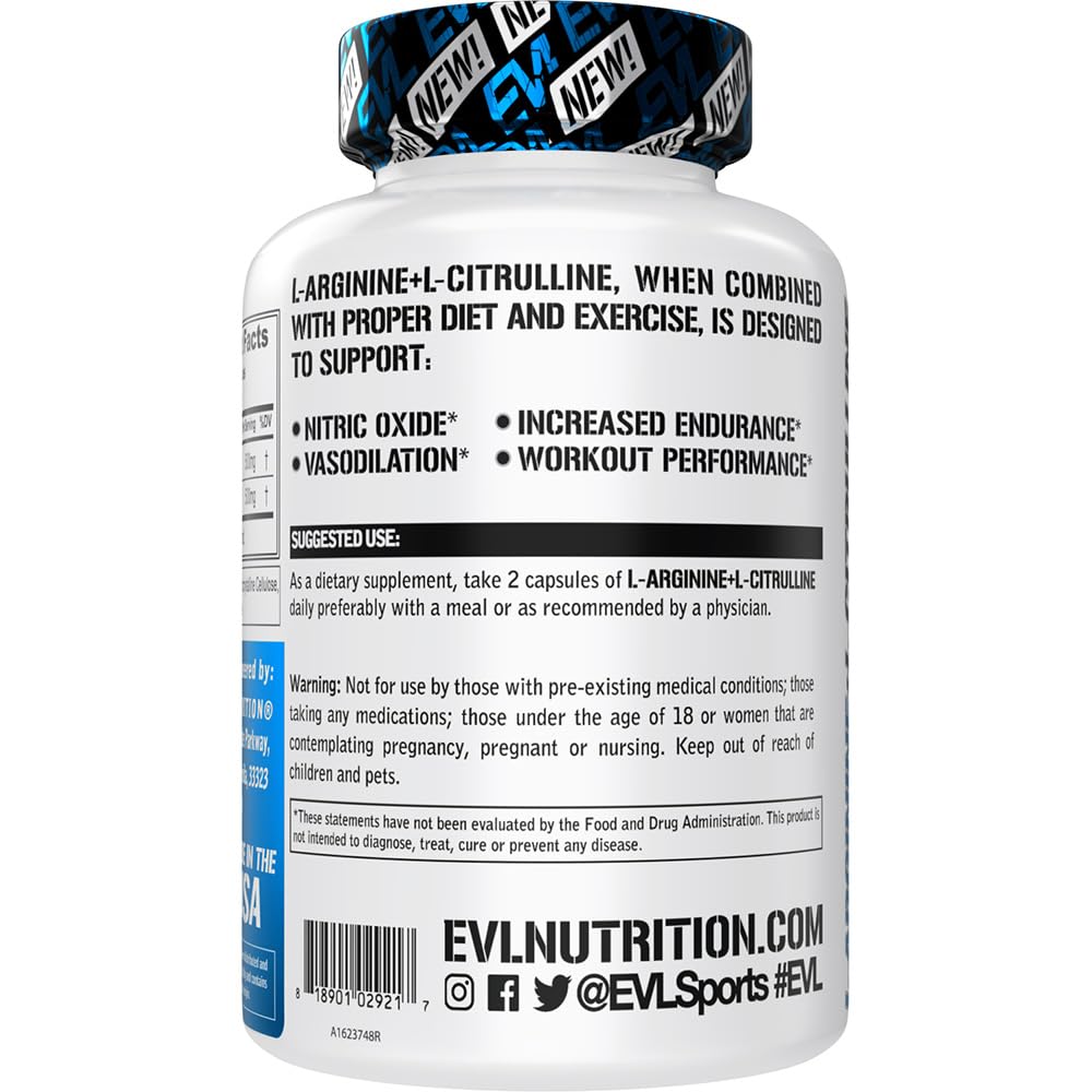 Evlution Nutrition L-Arginine + L-Citrulline - Endurance + Workout Performance Supplement - 1000mg Complex - Vasodilation + Nitric Oxide Support - Vegan + Gluten Free Capsules - 60 Servings