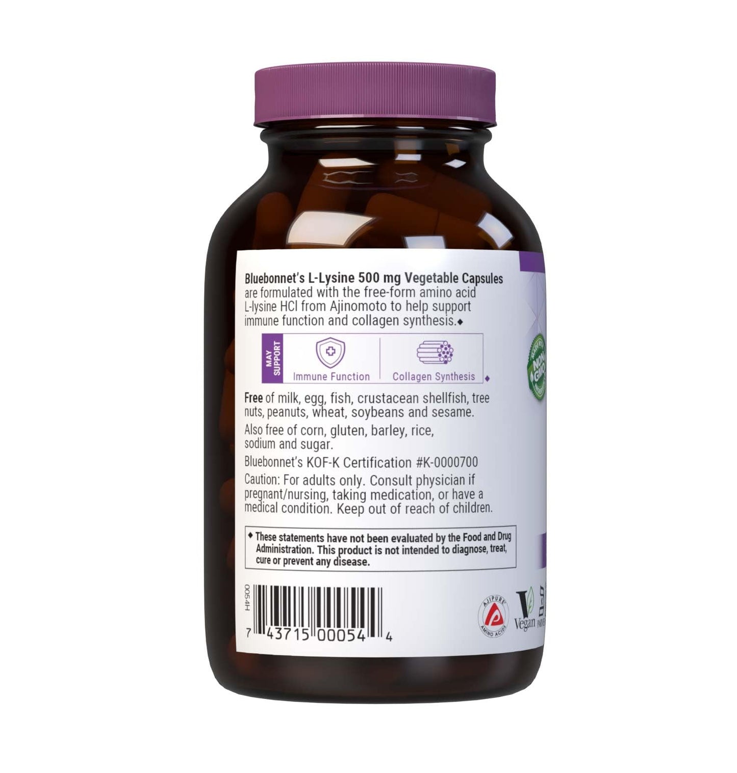 Bluebonnet Nutrition L-Lysine 500mg, for Healthy Immune Function, Supports Collagen Synthesis, Soy-Free, Gluten-Free, Non-GMO, Kosher Certified, Vegan, 100 Capsules