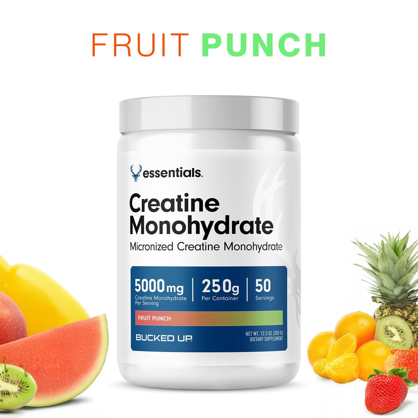 Bucked Up Fruit Punch Creatine for Women and Men - Easy to Mix Vegetarian - Flavored Creatine Monohydrate Powder - Made in USA - 5G Per Serving - 50 Servings - 250 Grams Per Container