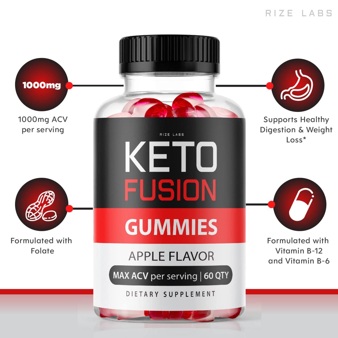 rize labs - Keto Fusion ACV Gummies for Weight Loss, Advanced Formula Supplement, Not Sugar Free, Apple Cider Vinegar Gummies (60 Gummies)