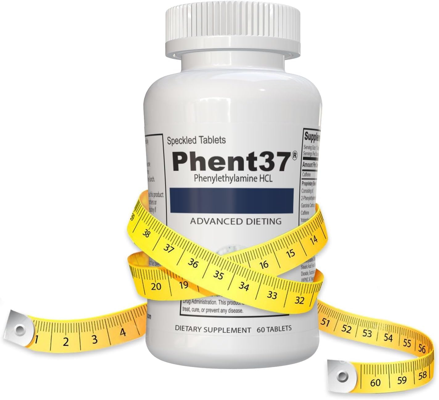Phent37 (1 Bottle - 60 Speckled Tablets) - Advanced Phenylethylamine HCL Dietary Nutraceutical, Premium Small White and Blue Tablets, Boost Metabolism, Weight Management for Men and Women