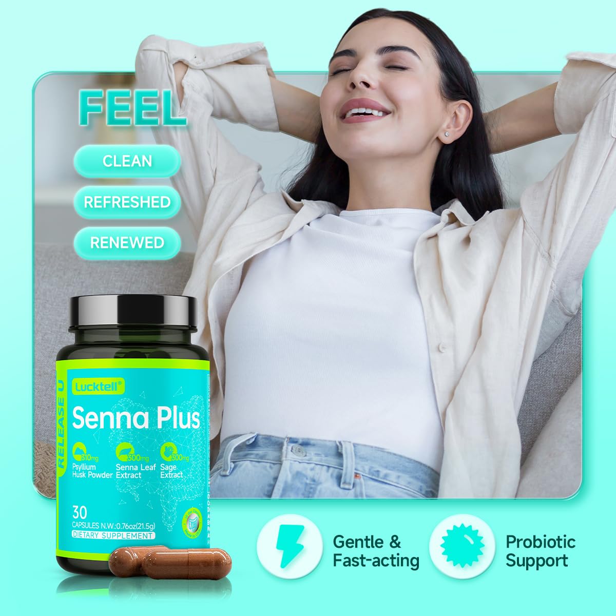 LuckTell Senna Plus 15-Day Cleanse - Gentle Gut Cleanse Detox for Women & Men with Senna, Cascara Sagrada, Psyllium Husk & MCT Oil, Nature Colon Cleanse with Probiotics, Made in USA,30 Capsules