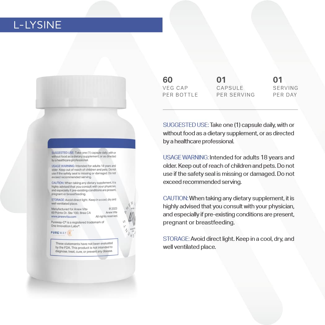 Anew Vita L-Lysine Supplement with Vitamin B12 + C + Zinc for Lip, Mouth, and Oral Tissue Health - Enhanced Wellness Support - Non-GMO, Gluten-Free - Made in USA - 60 Vegetable Capsules, 500mg
