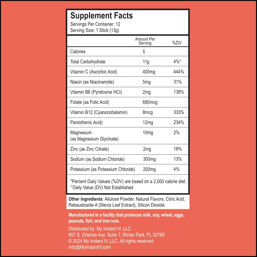 instant IV Electrolytes Powder - 3X Electrolytes, Zero Sugar with Vitamin C, B3, B6, Electrolytes Powder Packets for Hydration, Recovery & Immunity, Vegan & Gluten Free | Peach - 12 Packets