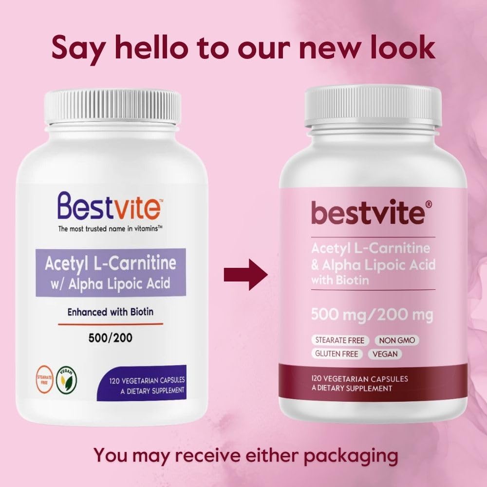 BESTVITE Acetyl L-Carnitine 500mg & Alpha Lipoic Acid 200mg per Capsule with Biotin (120 Vegetarian Capsules) - No Stearates - Vegan - Non GMO - Gluten Free