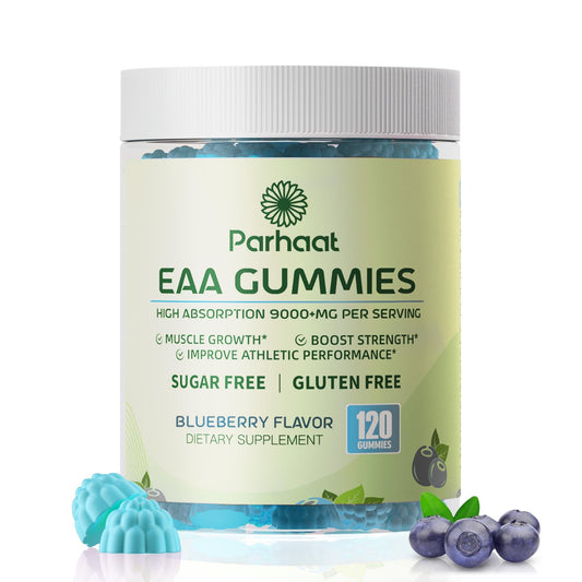 Parhaat EAA Gummies 120 Gummies (Blueberry), 9000 mg Essential Amino Acids - All 9 Essential Aminos (EAA) and All Branched-Chain Aminos (BCAAs), Non-GMO, Gluten Free, Vegetarian Friendly