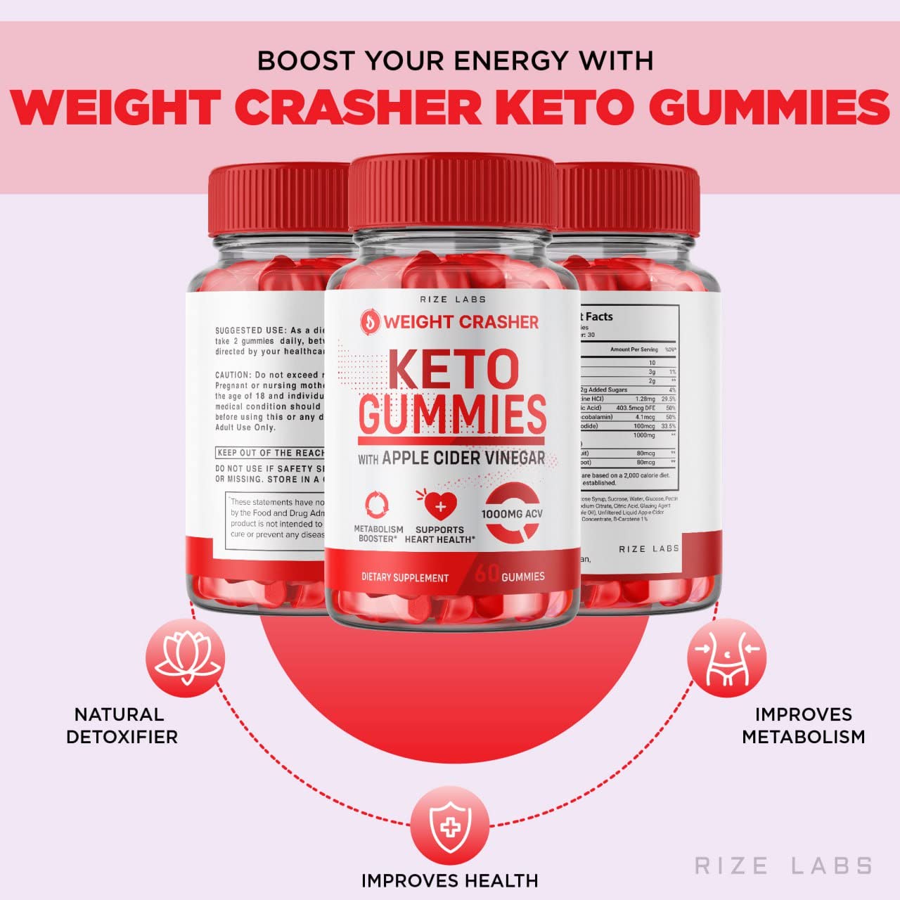 rize labs (2 Pack) Weight Crasher Keto Gummies - Weight Crasher Keto ACV Gummies Supports Heart Health Weight Loss Booster Apple Cider Vinegar Keto+ACV 1000 MG Supplement Energy Gomitas (120 Gummies)