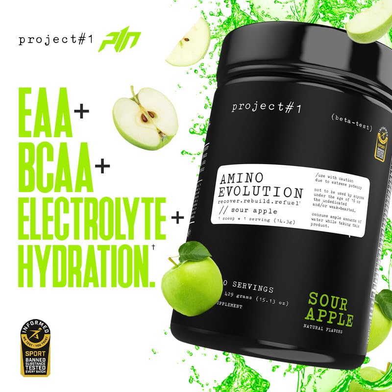 Project #1 AminoEVolution: Muscle Support & Recovery | BCAA's, EAA's, Electrolytes Powder | Keto-Friendly Energy Boost | Pre Workout for Men & Women | 30 Servings - Sour Apple | Amino Acids