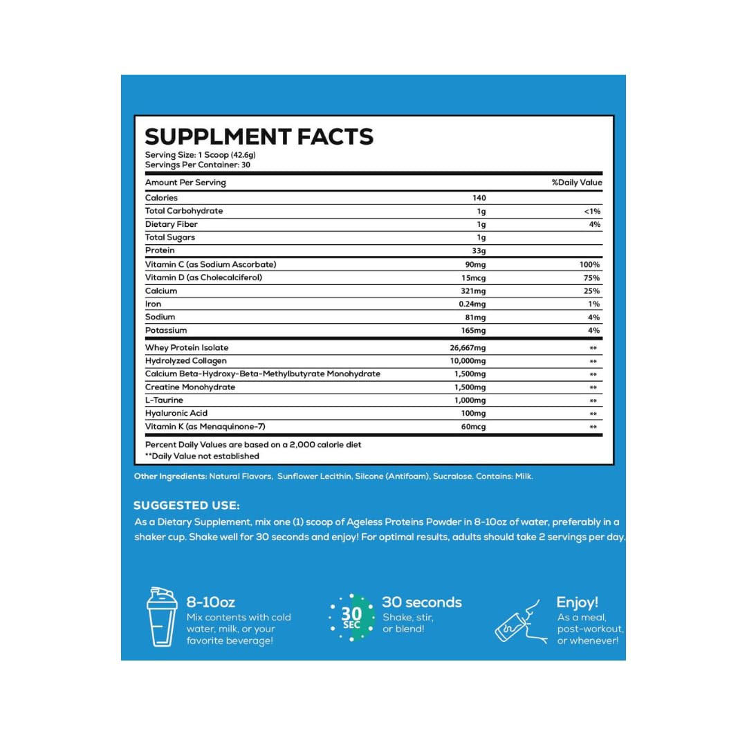 Ageless Proteins Vanilla Whey Protein Powder and Collagen Peptides for Mature Adults. Supports Muscle Building and Joint Health with 24g Protein, creatine, HMB, and Vitamins (30 Servings, Vanilla)