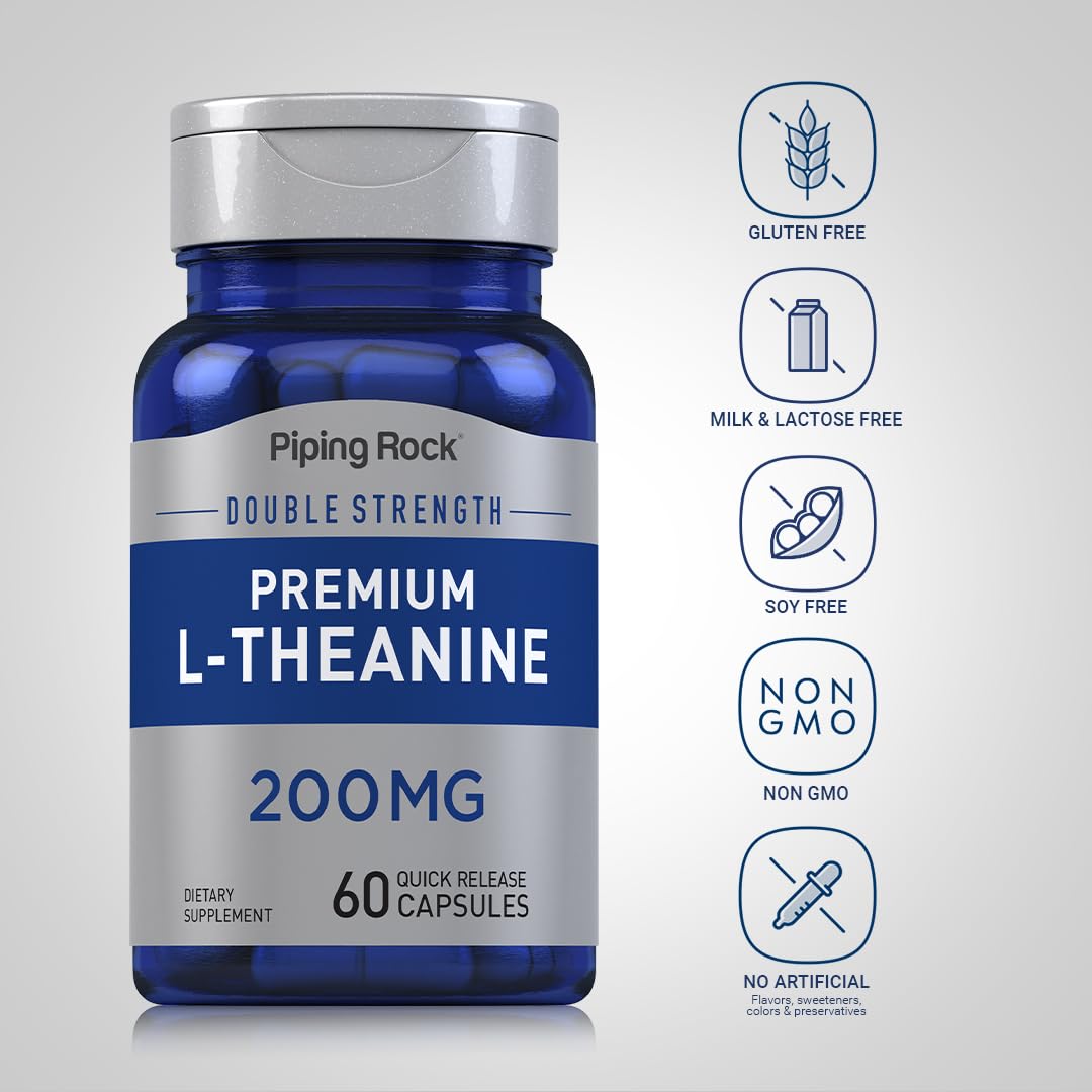 Piping Rock L-Theanine 200mg Supplement | 60 Capsules | Double Strength | Non-GMO, Gluten Free