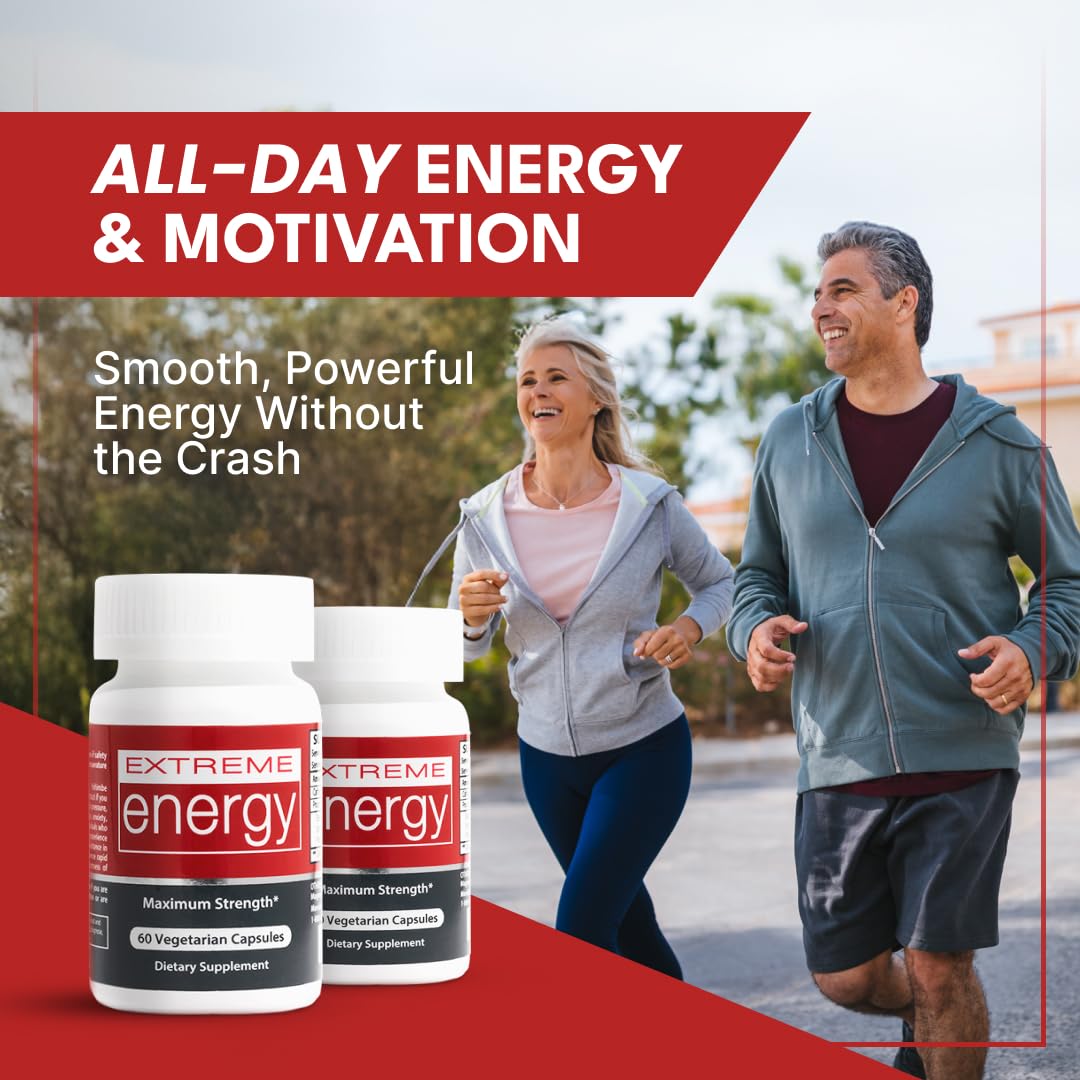Extreme Energy Pills - Maximum Strength All-Natural Energy Supplements for Fatigue, Focus, Motivation - Long-Lasting, Powerful Energy Without Crash, Jitters, Sugar (60 Ct)
