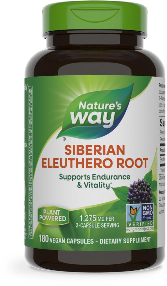 Nature's Way Premium Herbal Siberian Eleuthero Root Supplement, Supports Endurance & Vitality*, Adaptogen*, 1,275mg per 3-Capsule Serving, Non-GMO Project Verified, 180 Capsules (Packaging May Vary)