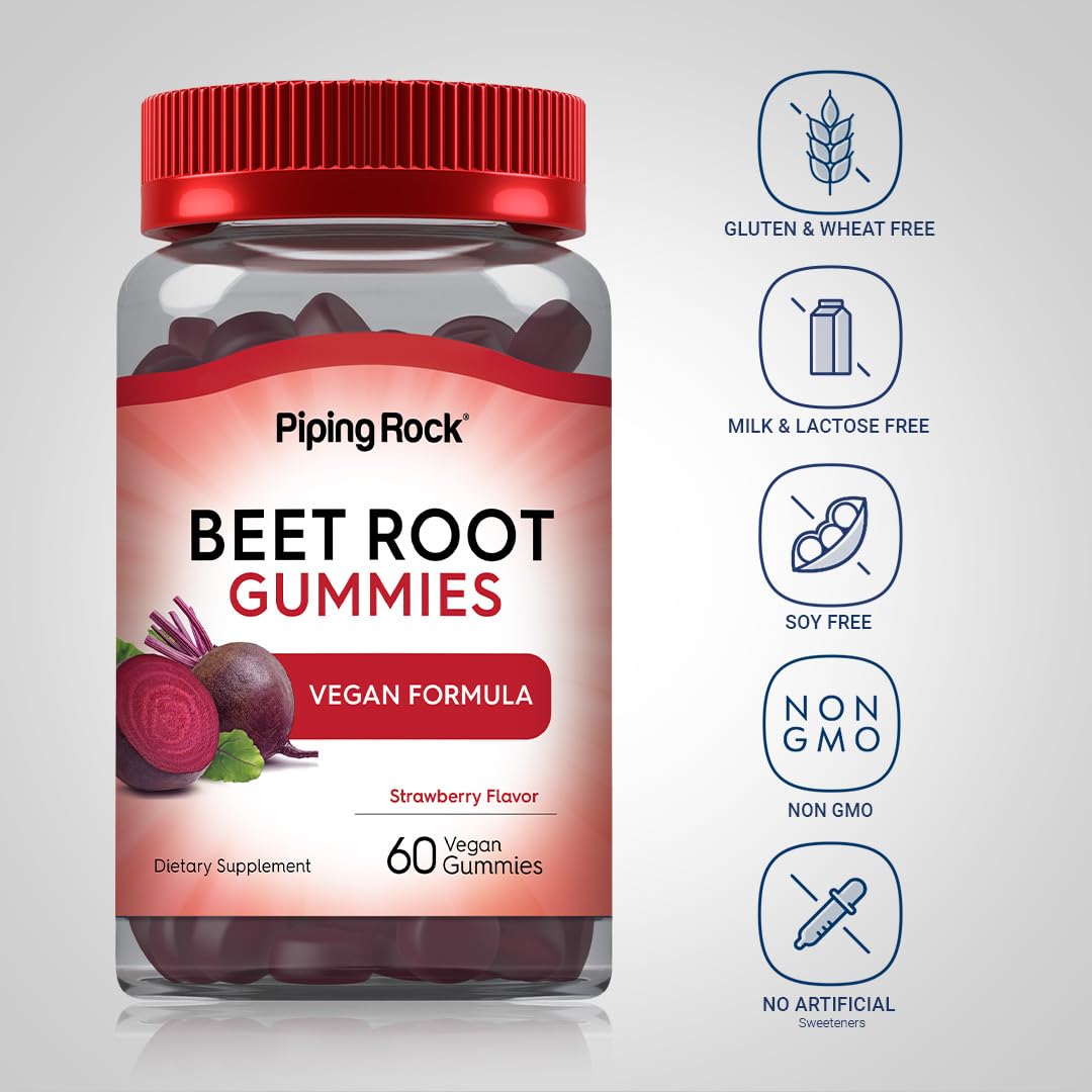 Piping Rock Beet Root Gummies | 60 Count | with Nitrates and Black Pepper Extract | Nitric Oxide Supplement | Strawberry Flavor | Vegan, Non-GMO, Gluten Free