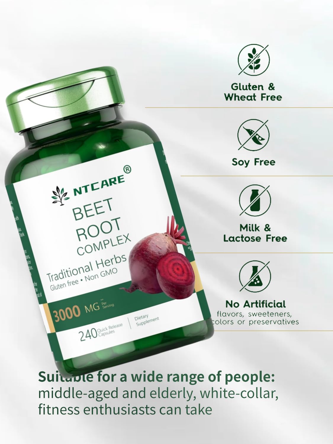 NTCARE Beet Root Complex, 3000 mg, 240 Quick Release Capsules, Gluten Free, Non-GMO