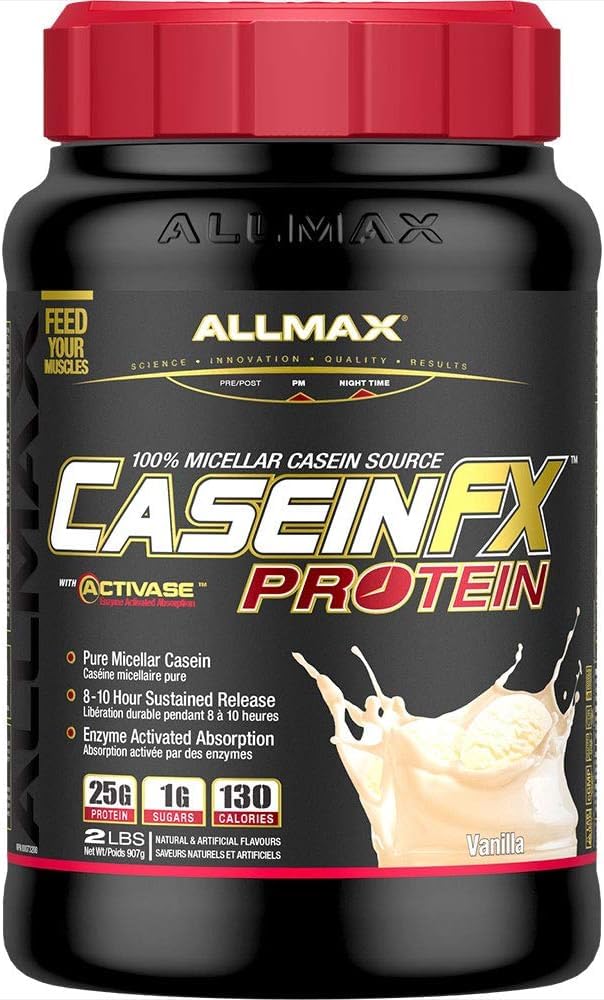 ALLMAX CASEIN-FX Protein, Vanilla - 2 lb - 25 Grams of Slow-Release Protein Per Scoop - Low Carb & Zero Added Sugar - Approx. 27 Servings