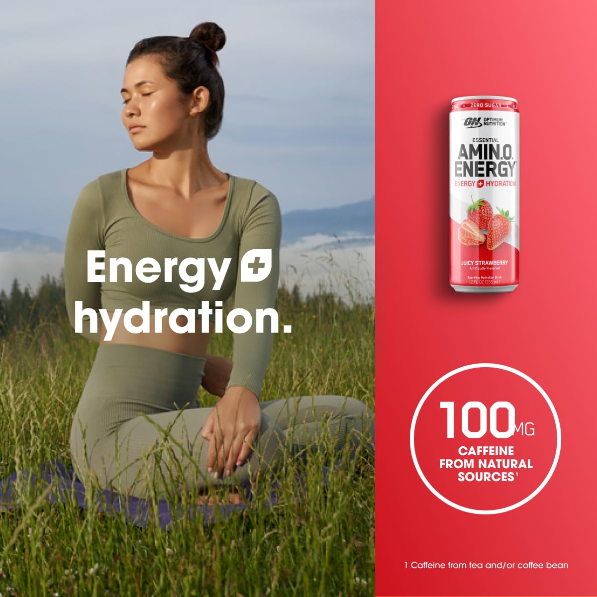 Optimum Nutrition Amino Energy Sparkling Hydration Drink, Electrolytes, Caffeine, Amino Acids, BCAAs, Sugar Free, Juicy Strawberry, 12 Fl Oz, 12 Pack (Packaging May Vary)