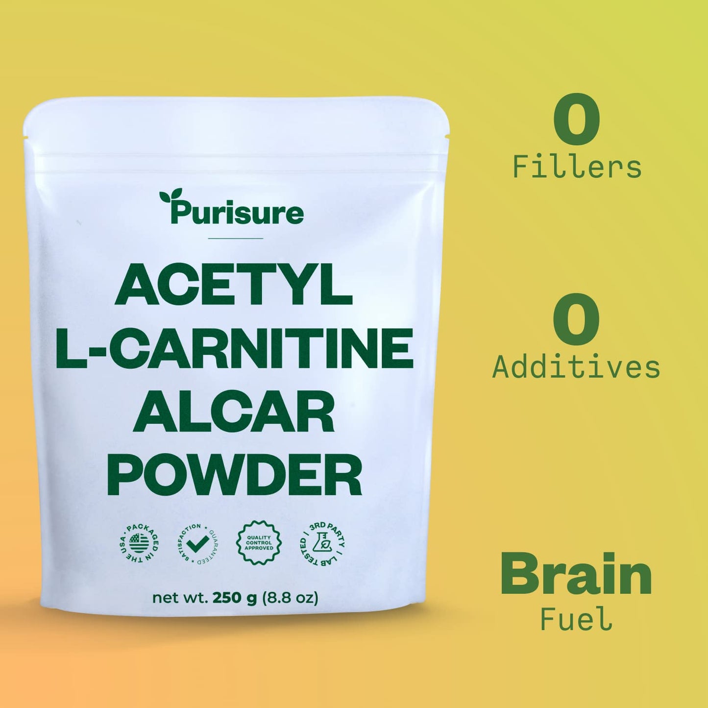 Purisure Acetyl L-Carnitine Powder, 250g, ALCAR Powder, Amino Acid Supplement, Acetyl L-Carnitine Supplement for Better Cognitive Performance and Muscular Endurance, Gluten Free, Non-GMO, 500 Servings