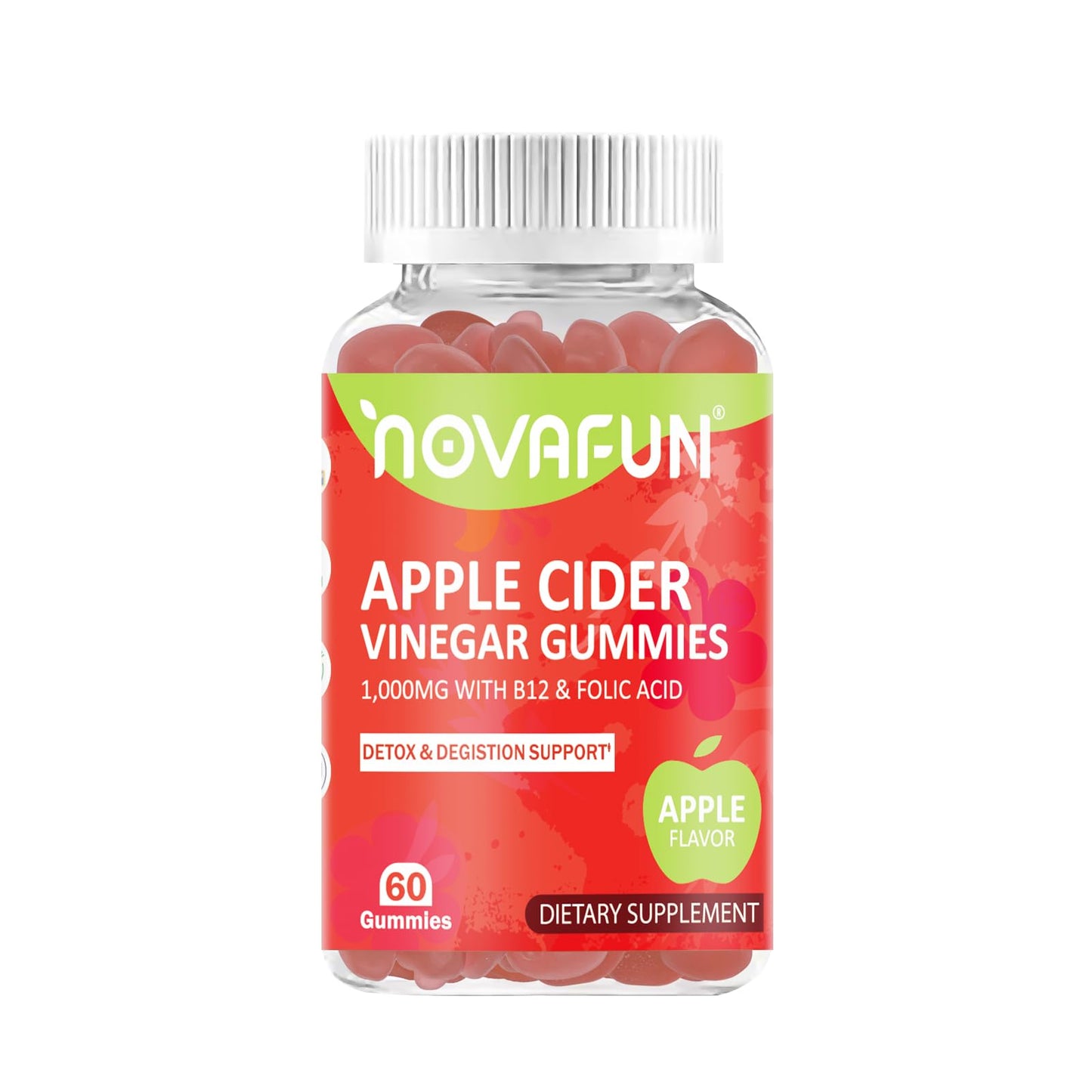 Novafun Apple Cider Vinegar Gummies with Vitamin B12 & Folic Acid - 1000mg Apple Cider Vinegar for Detox & Digestion Support, Vegetarian & Gluten-Free, Apple Flavor, 60 Count