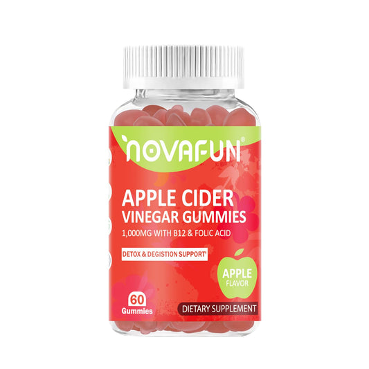 Novafun Apple Cider Vinegar Gummies with Vitamin B12 & Folic Acid - 1000mg Apple Cider Vinegar for Detox & Digestion Support, Vegetarian & Gluten-Free, Apple Flavor, 60 Count