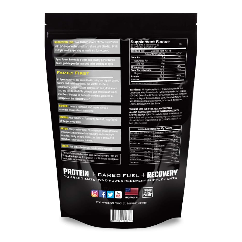 Ryno Power All Natural Whey Protein 2lb (20 Servings) 'Chocolate' - 100% Whey Protein Blend & No Fillers - Non GMO
