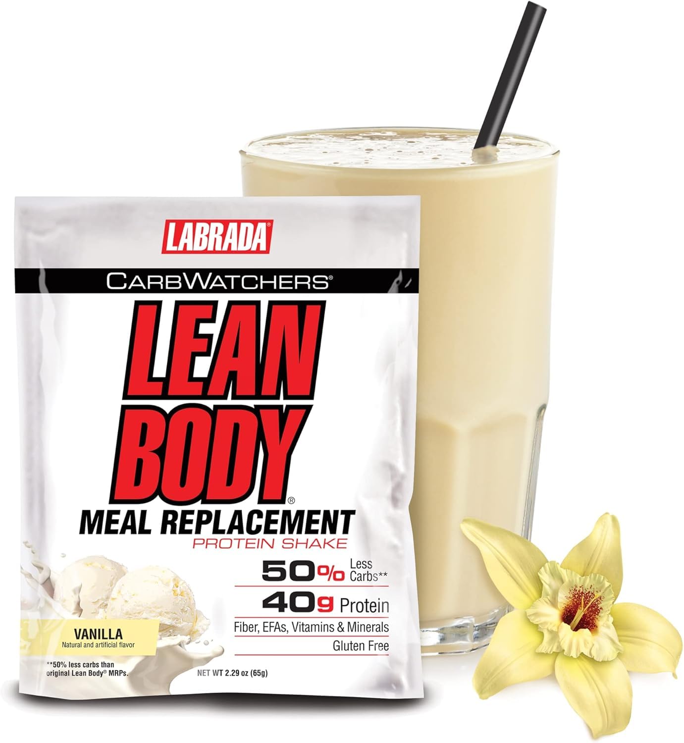 Lean Body Carb Watchers, All-In-One Vanilla Meal Replacement Shake. 40g Protein Whey Blend, 8g Healthy Fats & Fiber, 22 Vitamins and Minerals , No Artificial Colors, Gluten Free,(20 Packets)