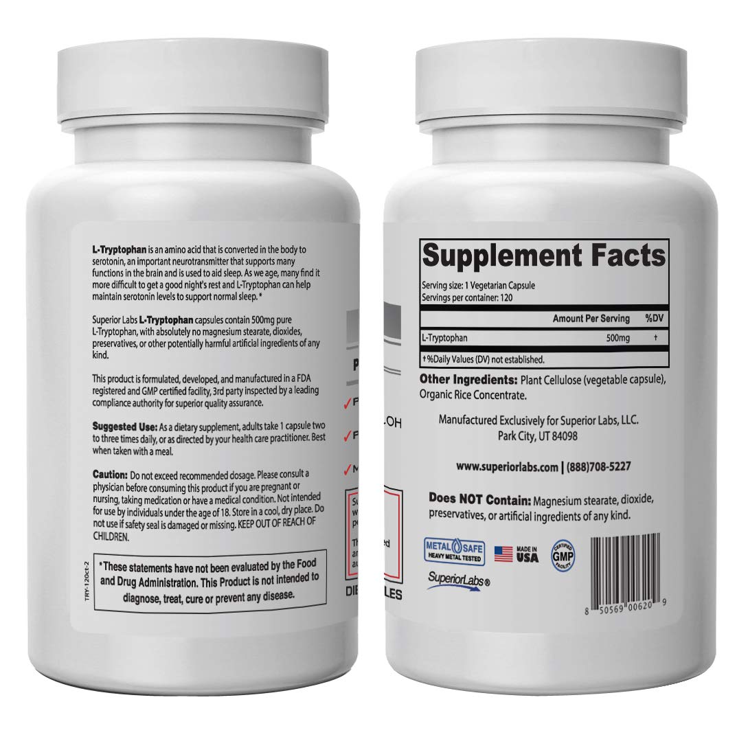 Superior Labs - Pure L-Tryptophan - 500mg, 120 Vegetable Capsules - Non-GMO Dietary Supplement for Restful Sleep & Relaxation - Supports Feelings of Well Being and Healthy Circulation Circulation