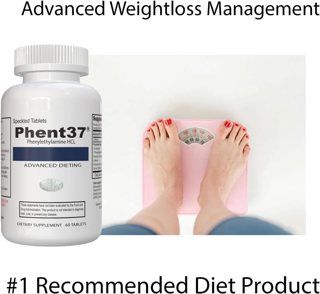 Phent37 (1 Bottle - 60 Speckled Tablets) - Advanced Phenylethylamine HCL Dietary Nutraceutical, Premium Small White and Blue Tablets, Boost Metabolism, Weight Management for Men and Women