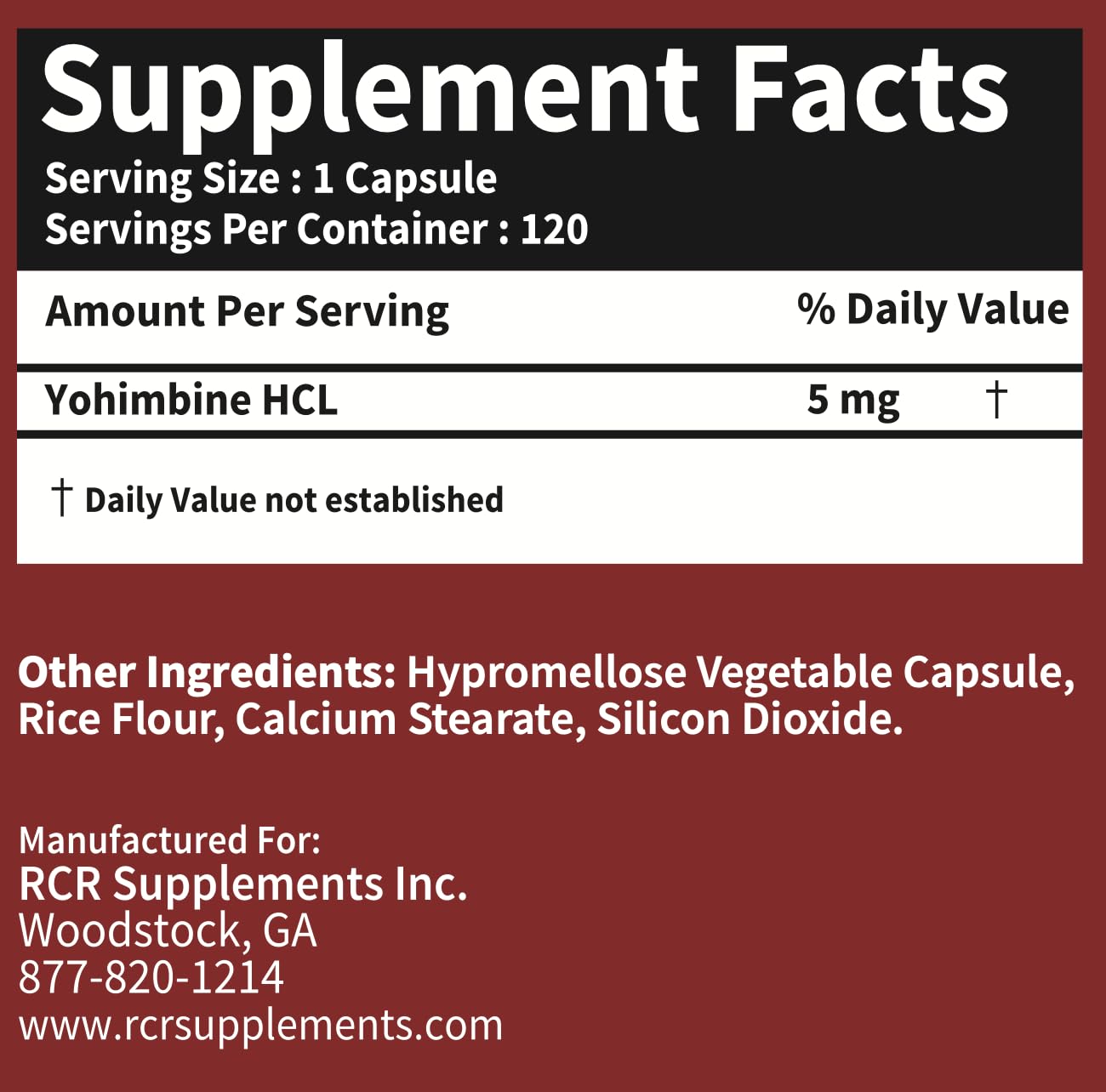 RaeSun Botanics Yohimbine HCL Bark Extract Extra Strength Supplement 5mg x 120ct Capsules Premium Fat Burner, Weight Loss, Appetite Control, Male Support, Energy, and More