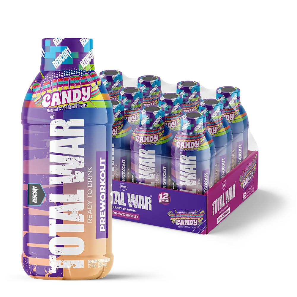 REDCON1 Total War Ready to Drink Pre Workout - Endurance Boosting, Keto Friendly RTD Formula - Amino Acid + Citrulline Malate Pre Workout Drink for Men & Women (Rainbow Candy, 12 Servings)