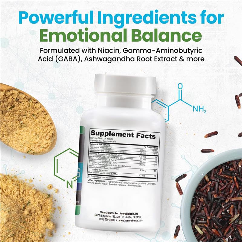Mood Plus Complete Mood Support Supplement - Calming Supplement for Stress Assistance, Brain Function Support & Serotonin Regulation - 5 HTP Supplement with Niacin, GABA & Ashwagandha - 60 Capsules