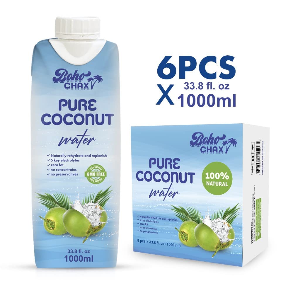 100 Natural Pure Coconut Water Not From Concentrate Drink with No Added Sugar  Replenishes Essential Vitamins and Electrolytes for Superior Hydration  338 Fl Oz Cartons  6Pack by Boho Chax