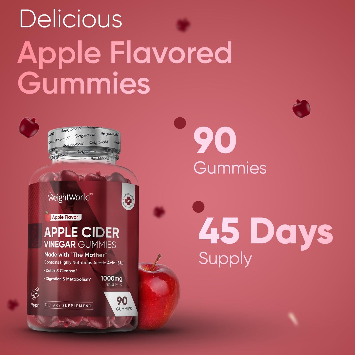 WeightWorld Apple Cider Vinegar Gummies 1000mg - 90 Vegan Gummies - 45 Days Supply - Enriched with Vitamin C, B6, B12, & B9 (Folic Acid) for Digestion, Metabolism, Detox & Cleanse - Gelatin-Free