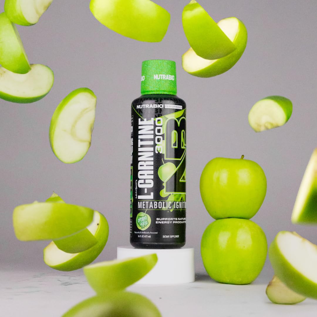 NutraBio - L-Carnitine Liquid Shots - 3000mg, (Green Apple) - 10mg of Vitamin B-5 - Zero Carbs & Sugars - Energy Production - Muscle Recovery
