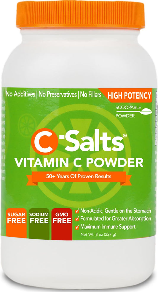 C-Salts Original Vitamin C Powder Supplement - 100% Pure High Dose Buffered Vitamin C Powder for Immune Support - Sugar-Free Powdered Drink Ascorbate, Organic, Stomach-Friendly, Original 8oz
