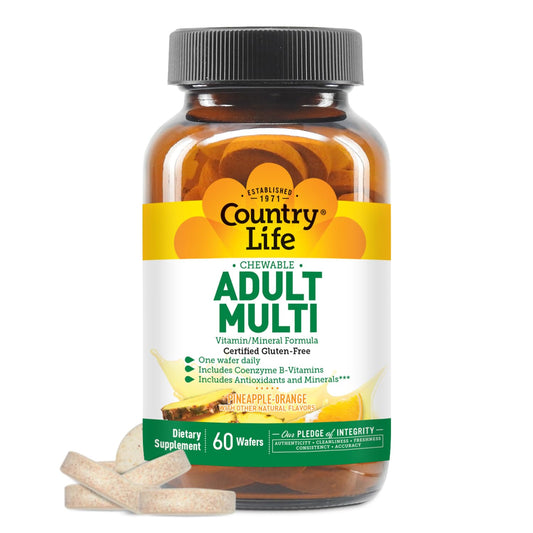 Country Life Adult Chewable Multivitamin with Coenzyme B-Vitamins, Antioxidants, Minerals, Pineapple-Orange Flavor - Supports Energy Metabolism and Immune Health, Gluten Free - 60 Wafers