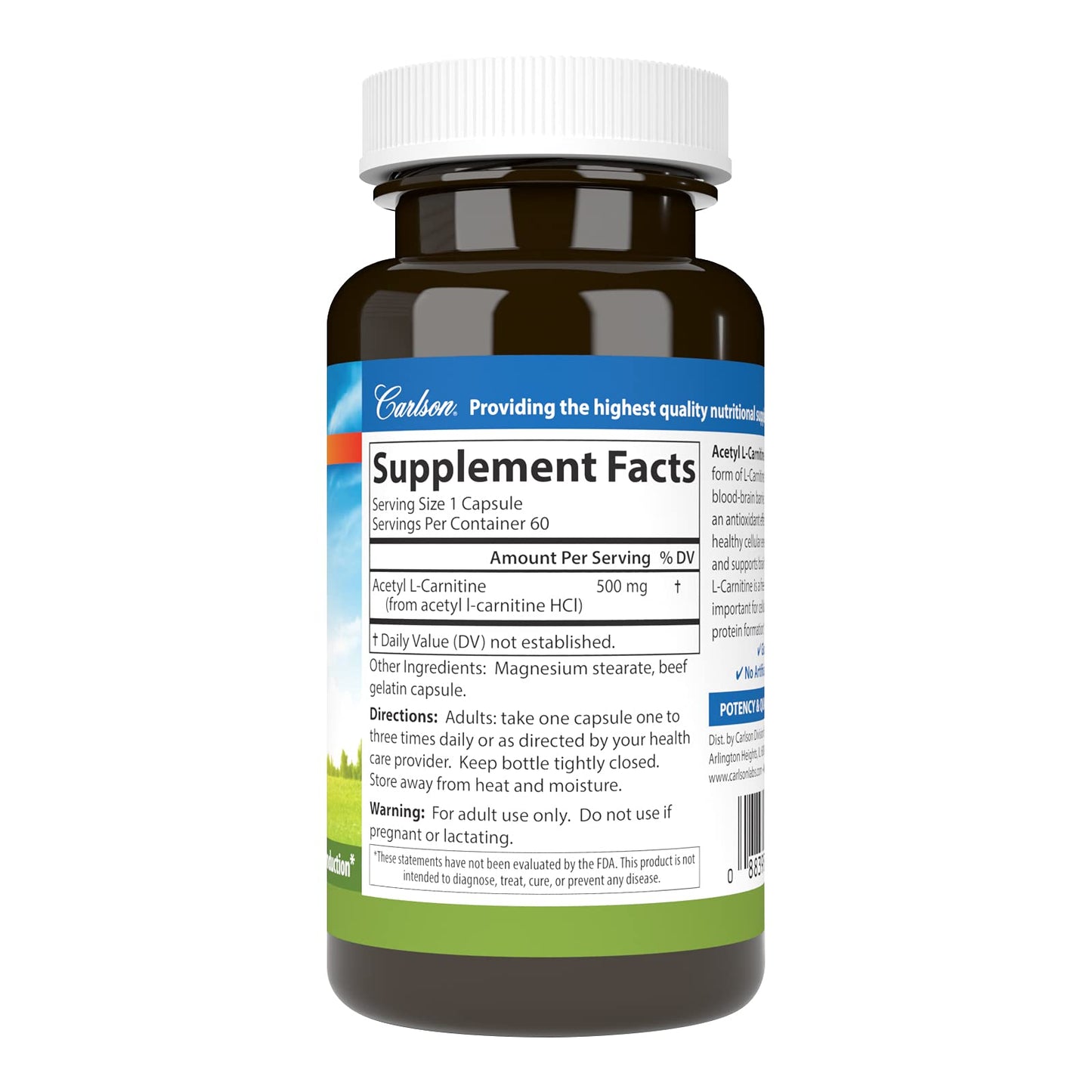 Carlson Labs Acetyl L-Carnitine, 500mg, 60 Capsules