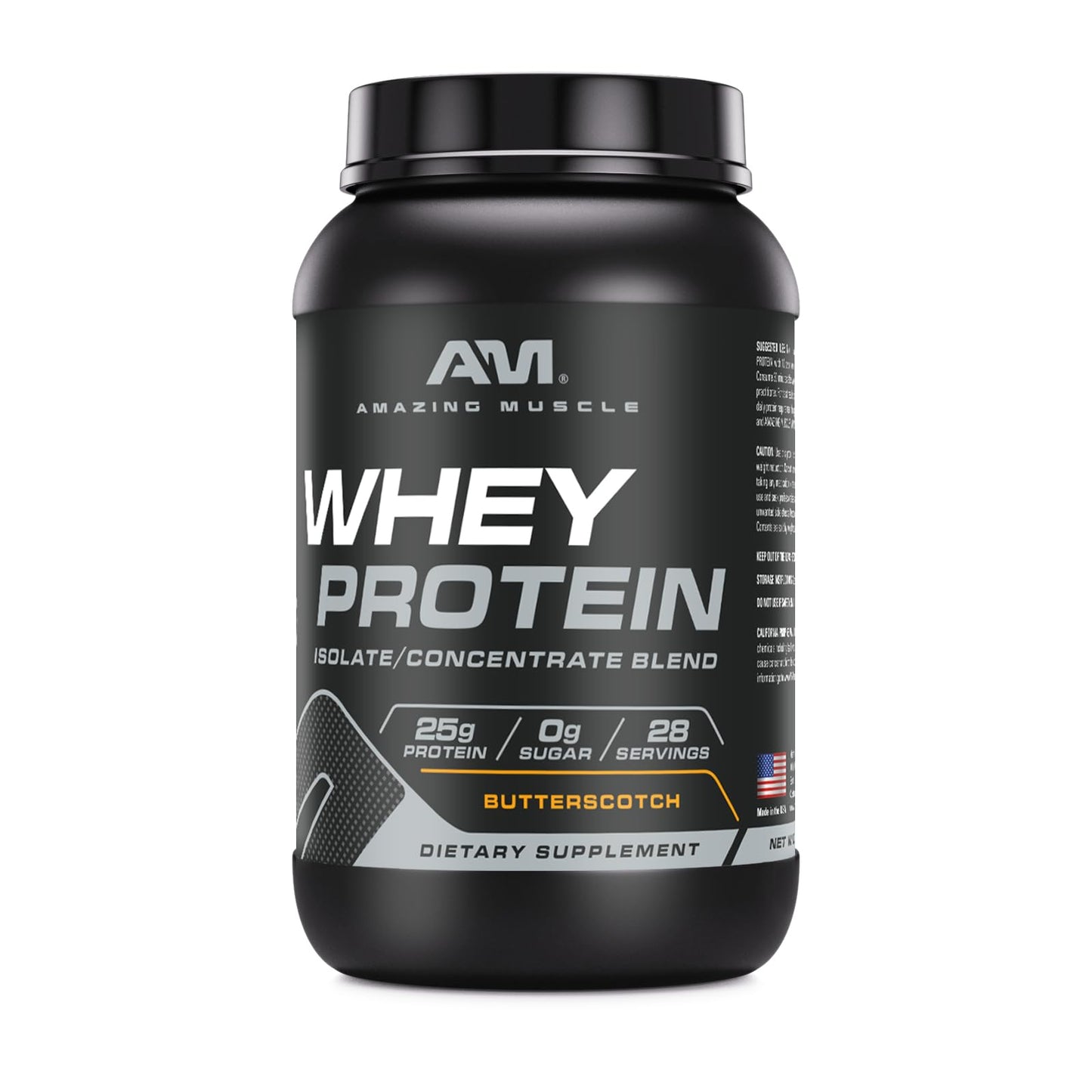 Amazing Muscle Whey Protein Isolate & Concentrate Supplement | 25 G per Serving | 2 LB (0.90 Kg) | Non-GMO | Gluten-Free Butterscotch Flavor