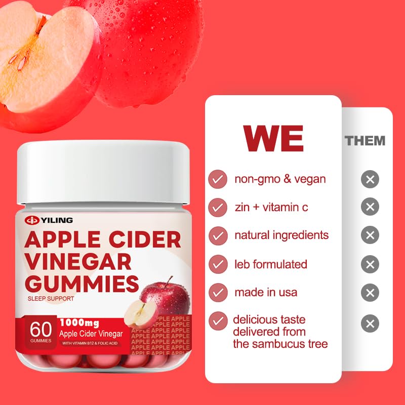 YiLing Improved Sour-Sweet Taste Apple Cider Vinegar Gummies - 1000mg -Formulated to Support Immune Health Normal Energy Levels & Gut Health- Apple Flavor Gummies Enriched B12 / B6 / Beetroot