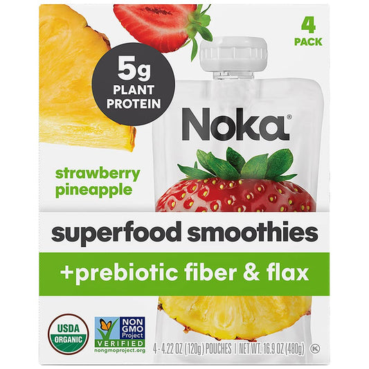 Noka Superfood Smoothie Pouches Strawberry Pineapple 4 Pack with Plant Protein Prebiotic Fiber  Flax Seed Organic Gluten Free Vegan Healthy Fruit Squeeze Snack Pack 422oz Ea
