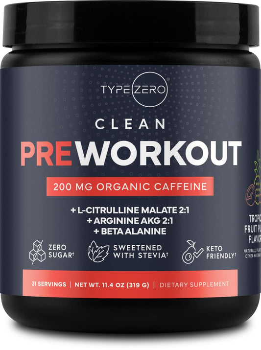 Type Zero Clean Pre Workout (11.3 oz, Fruit Punch) + Beet Root + L-Arginine + L-Citrulline, 2G Arginine, L-Citrulline Malate, Beta A, Sugar Free, Organic Caffeine Preworkout for Men & Women