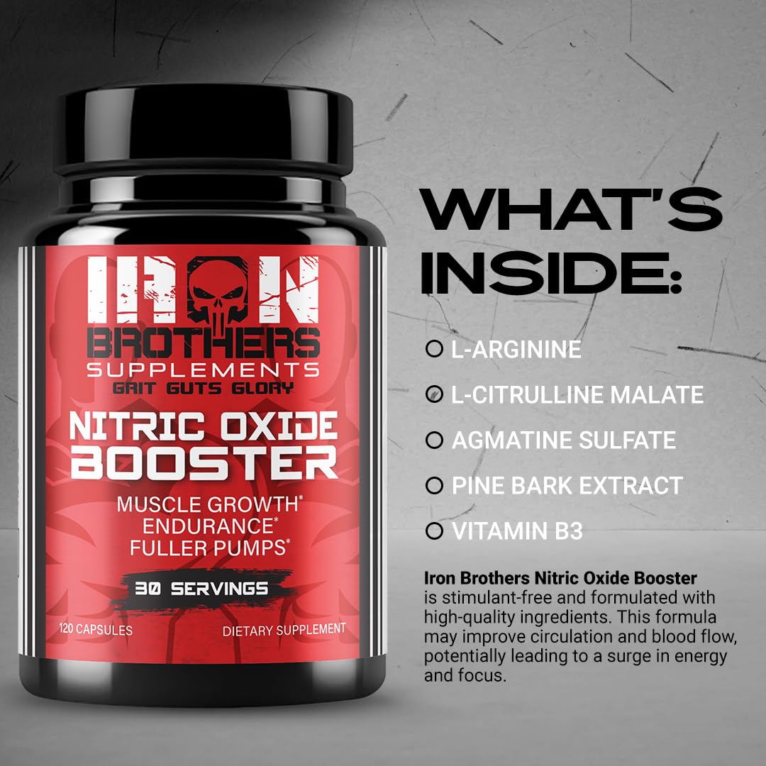 Iron Brothers Supplements Nitric Oxide Booster | Extra Strength Pumps Supplements | Pre-Workout with L-Arginine | Maximum Blood Flow & Vascularity | Increase Muscle Pumps, Energy & Endurance - 30 days