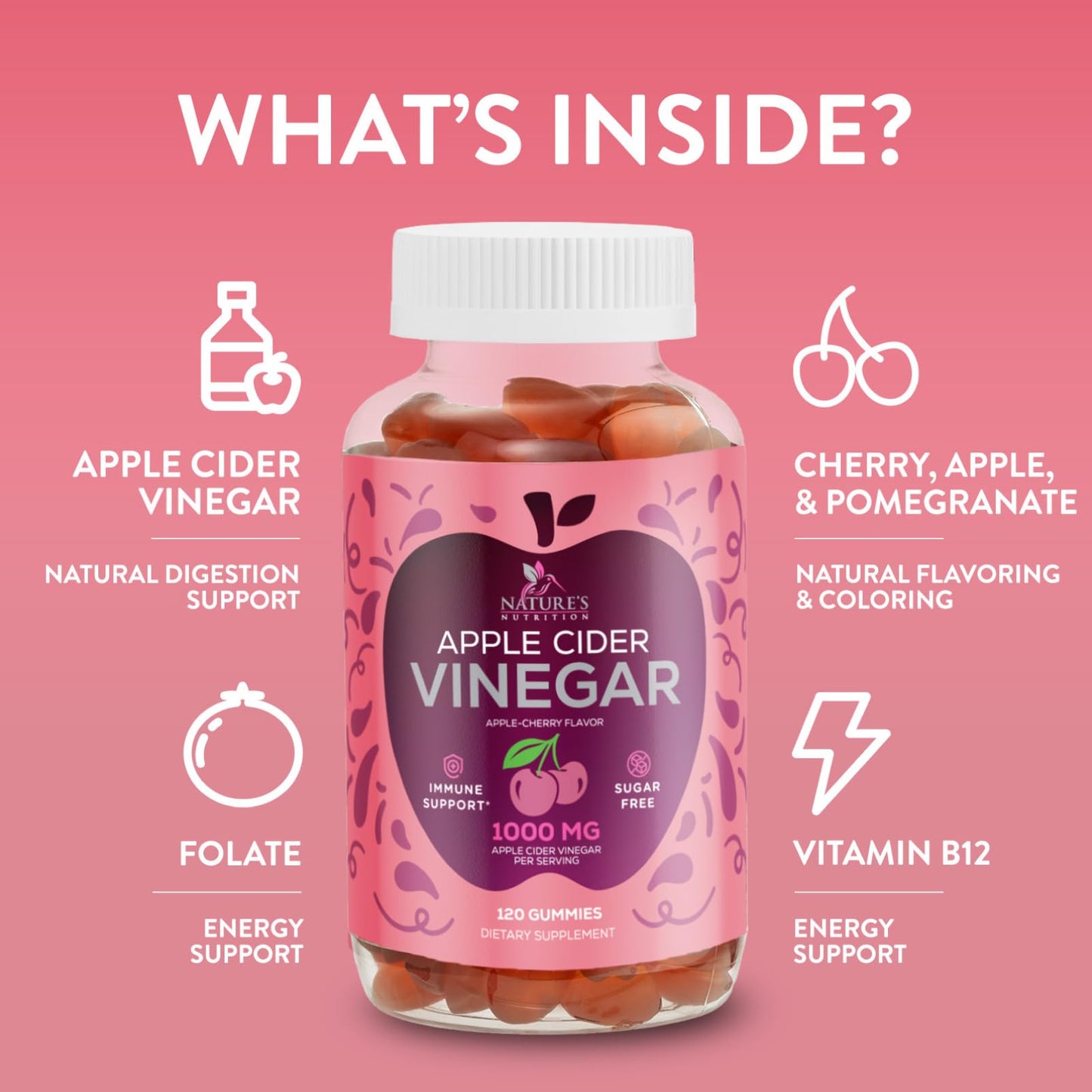 Vegan Apple Cider Vinegar Gummies 1000mg - Sugar Free ACV Vitamins Supplement - Gelatin-Free, Vegan, Non-GMO, Made with Vitamin B12 for Energy - Supports Digestion, Detox and Cleanse - 120 Gummies