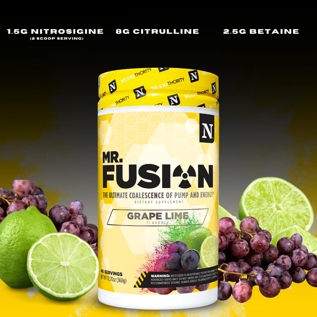 Nutrithority Mr.Fusion Pre Workout Supplement, Grape Lime, 40 Servings - Intense Focus & Pumps, Nitric Oxide Booster, No Crash - Powerful Energy Powder to Increase Strength & Gains