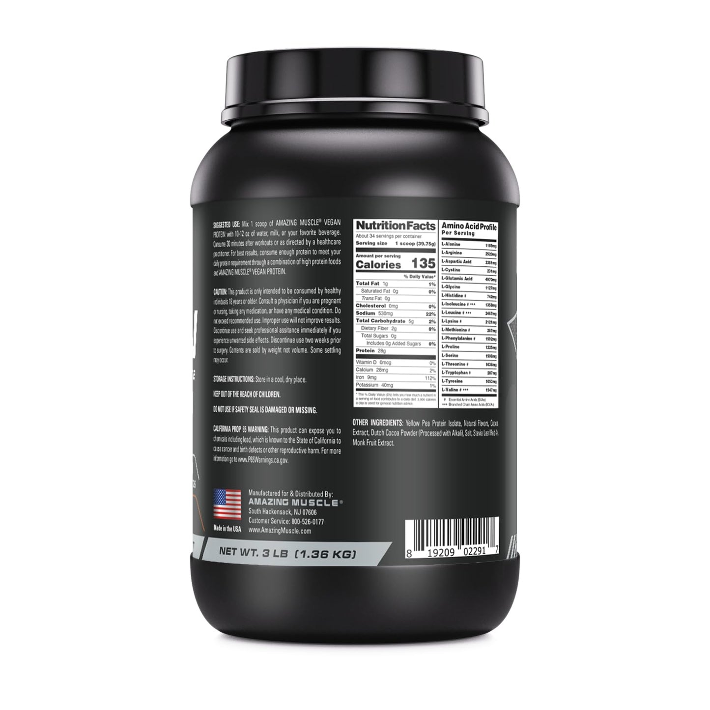 Amazing Muscle Vegan Protein Powder | 28 Grams Protein | 34 Servings | Zero Sugar | Yellow Pea Protein Isolate Supplement | Made in USA (3 Lb, Chocolate)