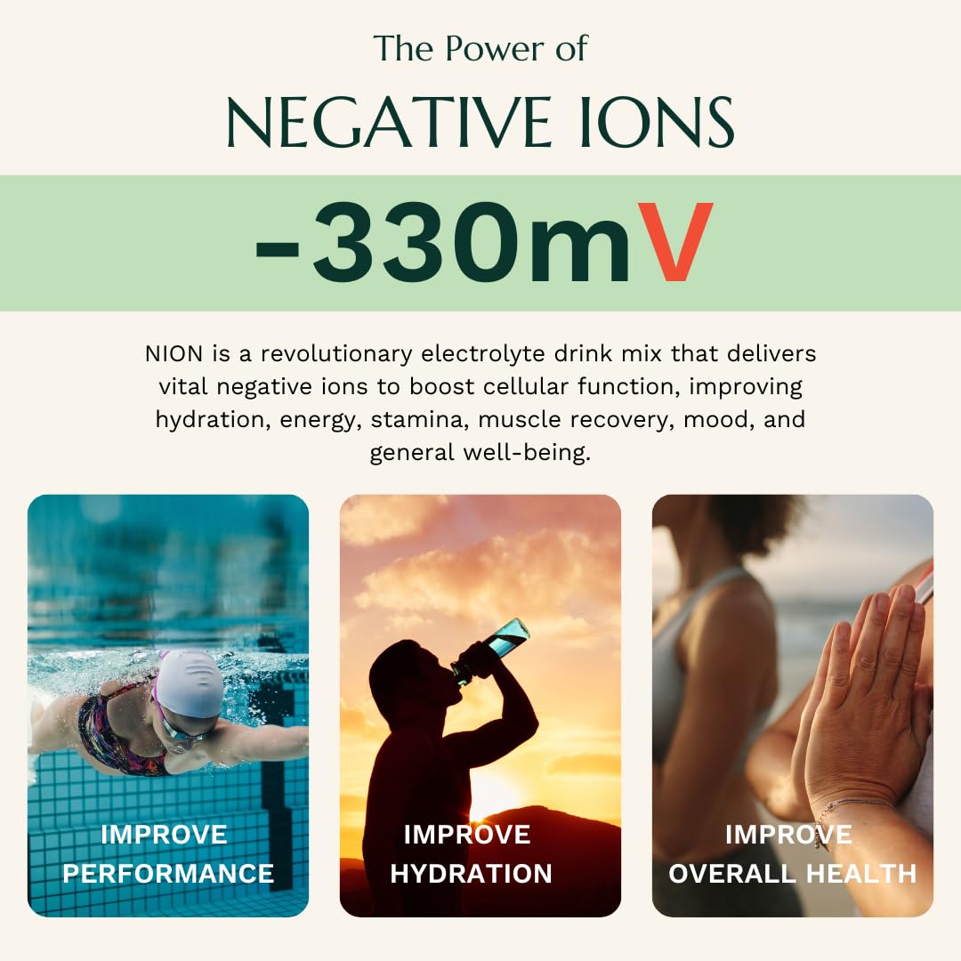 NION Electrolyte Powder | Negative Ion Hydration Packets | No Sugar, Calories, Artificial Ingredients | Intermittent Fasting Support | Improve Energy, Stamina, Mitochondrial Function | 30 Stick Pack
